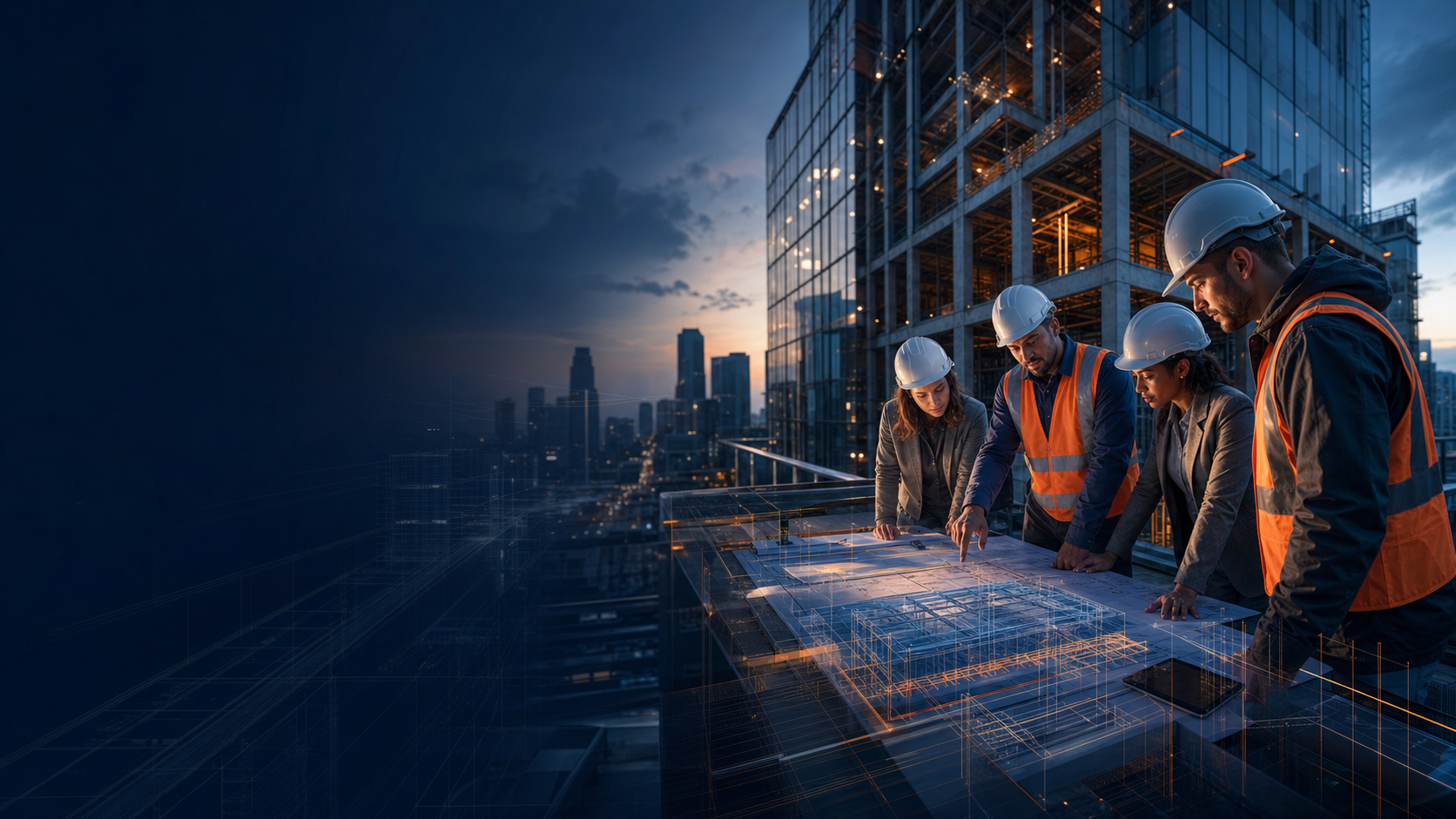 Multidisciplinary engineers reviewing building plans at a major development