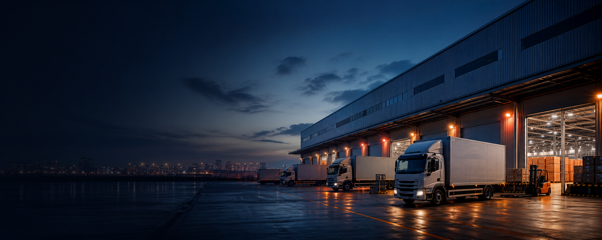 Freight trucks at a modern distribution warehouse