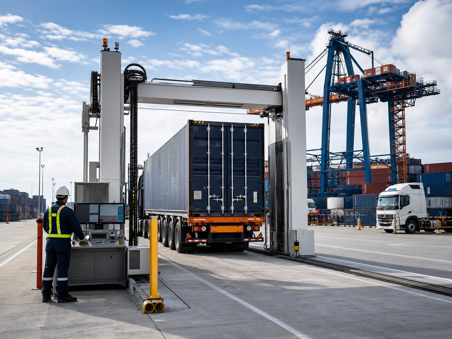 Cargo container passing through a customs scanner