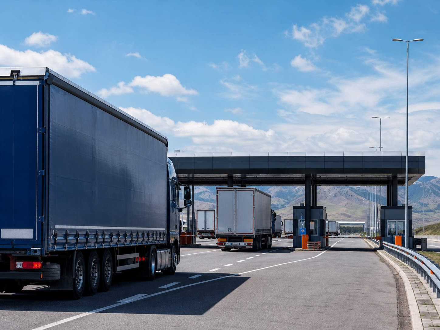 Freight trucks travelling through a border checkpoint