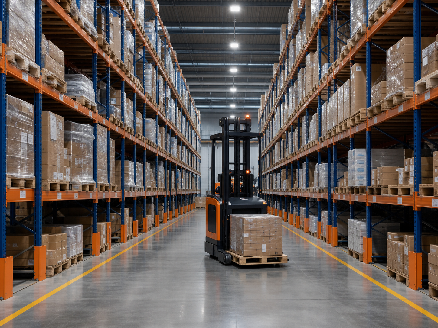 Organized high-bay warehouse with automated handling